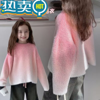 绿彩虹光女童毛衣秋冬新款中大童亲子装渐层慵懒风圆领毛衣儿童上衣