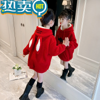 绿彩虹光女童厚T恤加绒中长版2023新款秋冬洋派中大童装加厚毛毛衣本命年