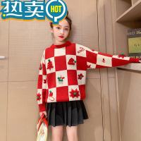 绿彩虹光女童加绒毛衣秋冬季2023新款儿童新年圣诞针织衫女大童加厚打底衫