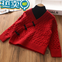 绿彩虹光中国风2023新款女童加厚毛衣儿童复古假两件半高领冬季麻花针织衫