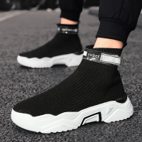 Ideamini秋夏季没有鞋带袜子鞋男士高帮针织运动潮流男鞋飞织无鞋带休闲鞋高帮鞋