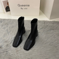 Ideamini高跟白色方头瘦瘦小短靴女鞋2022新款夏季薄款小众卡其色马丁靴子