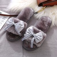 Ideamini蝴蝶结棉拖鞋女季居家情侣一字季毛毛拖鞋厚底防滑室内地板家