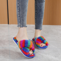 Ideamini毛毛拖鞋女2021年新款居家用春秋百搭平底软底彩虹棉拖鞋
