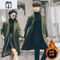 NEW LAKE情侣装毛呢风衣男女修身英伦军绿色中长款外套潮流呢子大衣毛呢大衣男