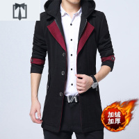NEW LAKE毛呢大衣男连帽韩版外套男士呢子休闲风衣男中长款潮加大码毛呢大衣男