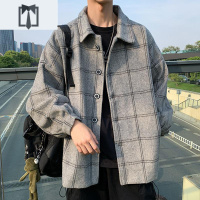 NEW LAKE港风韩版格子毛呢外套男潮流呢子大衣帅气宽松情侣夹克毛呢大衣男