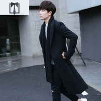 NEW LAKE超长款风衣男长款披风潮男过膝毛呢大衣韩版修身加厚外套潮毛呢大衣男