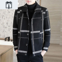 NEW LAKE冬季休闲夹克男加厚短款毛呢大衣男呢子外套格子韩版风衣男装衣服毛呢大衣男