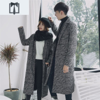 NEW LAKE千鸟格子大衣男女情侣长款过膝风衣韩国韩版百搭呢子毛呢外套毛呢大衣男