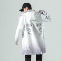 NEW LAKE中国风仙鹤道袍男士中长款风衣古风青年连帽大衣秋季休闲外套潮流风衣