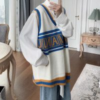 NEW LAKE短句先生大字母刺绣针织马甲秋季撞色V领毛衣男韩版潮流百搭上衣毛衣