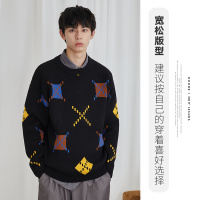 NEW LAKEUOOHE秋冬新款菱形格撞色提花毛衣男韩版潮流针织衫厚线衫外套潮毛衣
