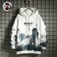 NEW LAKEWdtti秋季国潮中国风山水画印花假两件连帽卫衣男潮流休闲带帽衫卫衣