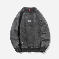 NEW LAKE格图力日系复古水洗牛仔套头卫衣男宽松中文汉字刺绣嘻哈情侣上衣卫衣