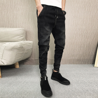 NEW LAKE加绒牛仔裤男秋冬韩版潮流小脚哈伦裤社会人发型师弹力束脚休闲裤