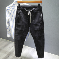 NEW LAKE秋季潮牌竖条纹工装休闲牛仔裤男2020新款韩版弹力束脚休闲裤百搭牛仔裤