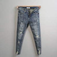 NEW LAKE男士牛仔裤潮牌个性烂裤脚破洞贴布修身小脚裤韩版潮流百搭九分裤牛仔裤