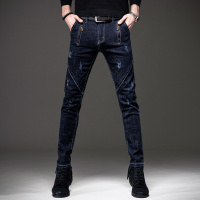 NEW LAKE贵色秋季潮牌牛仔裤男修身小脚工装拼接弹力个性拉链休闲长裤子男牛仔裤