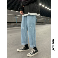 NEW LAKE松紧直筒牛仔裤男秋季新款潮流猫须抓痕裤子韩版水洗百搭宽松长裤牛仔裤