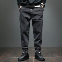 NEW LAKE冬季工装牛仔裤男宽松大码束脚哈伦裤潮牌胖子裤子收腿裤加绒加厚牛仔裤