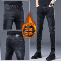 NEW LAKE香港高端加绒加厚黑色牛仔裤男秋冬款修身小脚潮牌弹力休闲长裤子牛仔裤