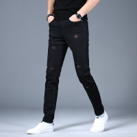 NEW LAKE2020新款修身刺绣男士牛仔裤男潮牌弹力小脚长裤休闲裤子黑色秋季牛仔裤