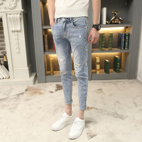 NEW LAKE九分牛仔裤男修身小脚韩版潮流精神小伙裤子9分潮牌破洞社会痞帅牛仔裤