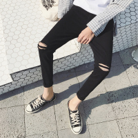 NEW LAKE网红同款紧身牛仔裤男港风膝盖破洞乞丐九分裤白色9分小脚裤潮牌牛仔裤