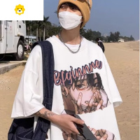 FISH BASKET季港风粉色短袖t恤男美式潮牌宽松大码小领口五分袖休闲上衣服