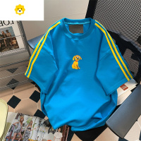 FISH BASKET国潮复古卡通小狗短袖T恤男女美式ins港风撞色条纹拼接休闲上衣