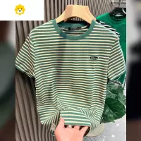 FISH BASKET绿色横条纹短袖T恤男2024年新款刺绣体恤时尚潮牌ins潮流上衣