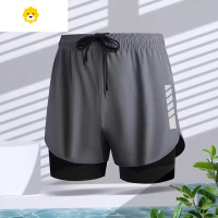 FISH BASKET季运动跑步短裤男骑行马拉松速干训练健身冰丝内衬假两件三分裤