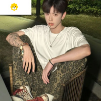 FISH BASKET美式复古豹纹牛仔裤直筒宽松男女休闲工装裤潮ins早