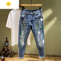 FISH BASKET破洞牛仔裤男士潮牌修身弹力潮流涂鸦喷漆刮烂补丁休闲小脚裤