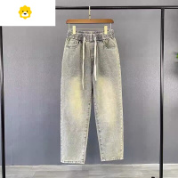 FISH BASKET美式黄泥做旧牛仔裤青少年潮牌裤子男女百搭帅气学生九分直筒裤子