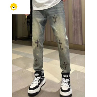 FISH BASKET季薄款网红牛仔裤男士时尚个性喷漆复古刺绣修身小脚休闲长裤男