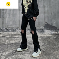 FISH BASKET非潮勿近高街美式破洞牛仔裤男排扣直筒宽松微喇vibe显瘦季裤子