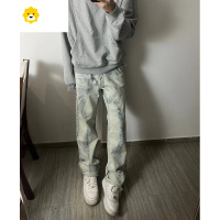 FISH BASKET美式复古高街vibe水洗不规则扎染牛仔裤男小众直筒宽松休闲裤子潮