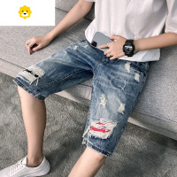 FISH BASKET牛仔短裤男士季潮牌宽松直筒休闲破洞中裤子韩版百搭乞丐五分裤