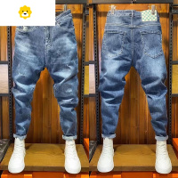 FISH BASKET网红牛仔裤2024男士季蓝色新款休闲百搭小脚裤男韩版修身九分裤