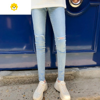 FISH BASKETins潮男款浅蓝色破洞毛边牛仔裤男生小清新9分乞丐裤修身九分裤