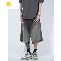 FISH BASKET尾郎的店 美式复古扎染毛边七分牛仔裤男ins潮牌欧美高街炸街短裤