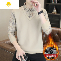 FISH BASKET假两件毛衣男士季潮流加绒加厚衬衫领针织打底衫潮牌拼接线衣