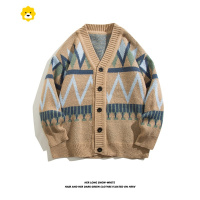 FISH BASKET日系复古提花开衫毛衣男季ins潮流宽松百搭菱格休闲针织外套