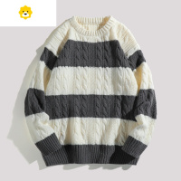 FISH BASKET日系拼接鹿毛绒圆领毛衣男生季新款针织衫条纹百搭宽松线衣外套