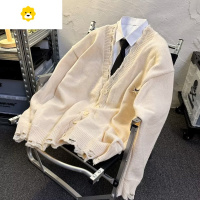 FISH BASKET美式炸街破洞V领开衫针织衫男女通勤宽松情侣鹿毛绒纯色毛衣外套