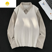 FISH BASKET日系假两件长袖衬衫男季潮流内搭针织毛衣美式宽松学院风衬衣