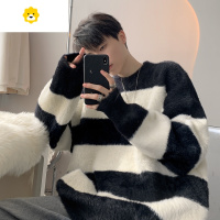 FISH BASKET黑白条纹海马毛毛衣男款软糯针织衫情侣痞帅外套韩系慵懒风厚