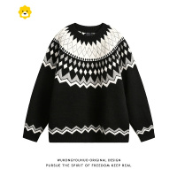 FISH BASKET复古费尔岛提花圆领针织衫男女宽松情侣休闲打底毛衣